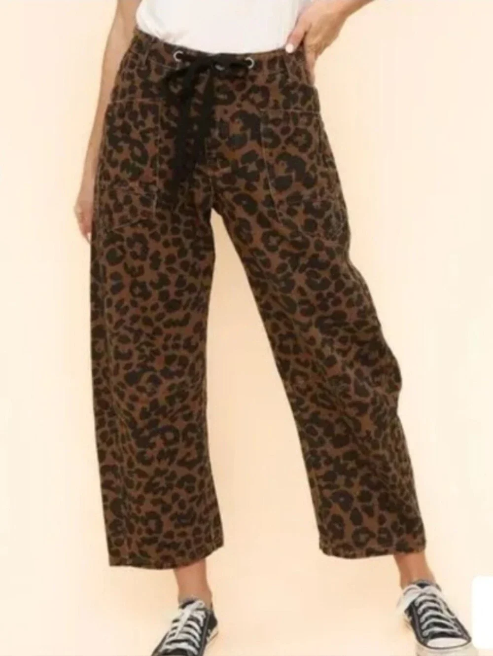 Haptics Leopard Print Drawstring Barrel Jeans